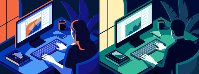 Set of people working on computer. Man and woman freelancers or office employees working in their workspace. Character perform task online or remotely. Cartoon isometric vector illustration collection