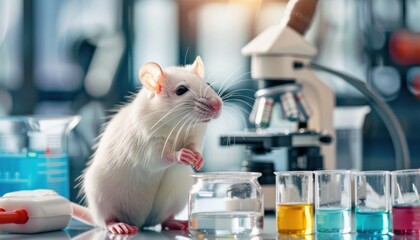 Wall Mural - a white mouse is sitting on a table in a lab next to a microscope