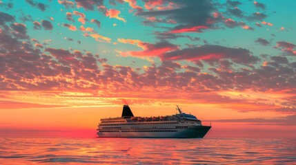 Wall Mural - A watercraft cruises through the afterglow on the ocean at sunset