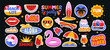 Set of retro summer stickers. Vintage groovy badges with cocktail, palm tree, beach, surfer board and summer party or vacation elements. Cartoon flat vector collection isolated on black background