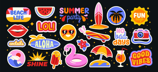 set of retro summer stickers. vintage groovy badges with cocktail, palm tree, beach, surfer board an