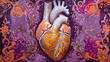 A heart with silver and gold veins. surrounded by purple and orange patterns representing the venous system. 