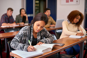 Poster - College, studying and girl with writing in classroom for education, scholarship and development. Campus, paper and student with textbook at academy for future, learning and knowledge in university