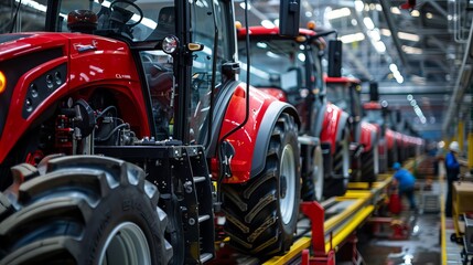 Tractor Manufacture work. Assembly line inside the agricultural machinery factory. Installation of parts on the tractor body - Image