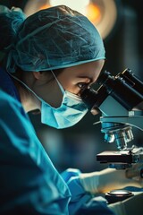 Wall Mural - a female surgeon is looking through a microscope in a laboratory