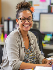 Wall Mural - Smiling woman at her workplace, working hard in the office at her desk. Pleasant working atmosphere