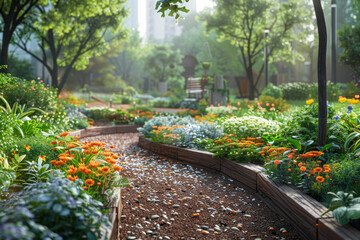 Wall Mural - A community garden accessible to people of all abilities, providing a therapeutic space for connection with nature. Concept of inclusive outdoor spaces. Generative Ai.