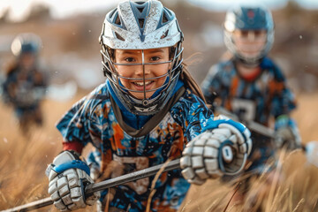 Sticker - Spirited children dribbling lacrosse sticks on a grassy field, showcasing skill and strategy in youth lacrosse games. Concept of junior lacrosse enthusiasm. Generative Ai.