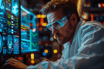 Poster - a scientist analyzing data on a computer screen, studying the alarming rate of species extinction an