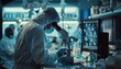 © ЮРИЙ ПОЗДНИКОВ - a scientist is looking through a microscope in a laboratory