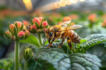 Sticker - A trained bee pollinating flowers in a greenhouse, aiding in the cultivation of crops. Concept of bee contribution to agricultural pollination. Generative Ai.