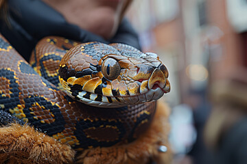 Sticker - A snake coiled around a performer's shoulders during a street show, captivating onlookers with its exotic presence. Concept of snake interaction in human entertainment. Generative Ai.