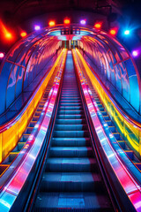 Poster - A brightly lit escalator with a colorful design on it, AI