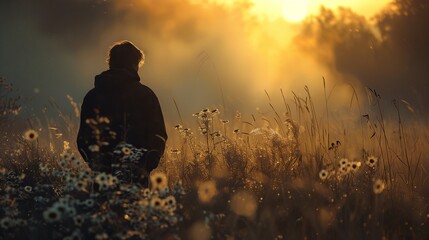 Wall Mural - a person standing in a field of flowers at sunset