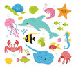 Sea life set. Sea animals. Dolphin, stingray, jellyfish, fish, crab, seahorse. Algae and shells. Vector doodle cartoon illustration of sea life objects for your design