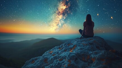 Wall Mural - A woman sitting on a rock looking up at the stars, AI
