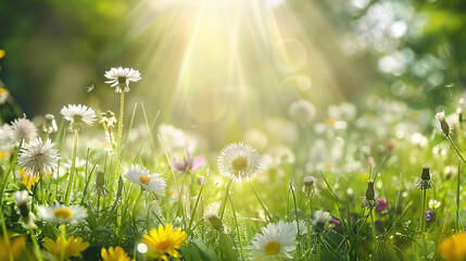 Wall Mural - meadow with natural wild simple flowers with sunrays from sky