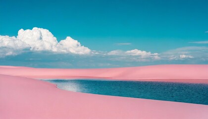 Wall Mural - 3d render modern abstract minimalist background water in the middle of the pink desert under the blue sky with white clouds fantasy landscape