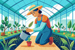A farmer handwatering delicate seedlings in a greenhouse, tenderly nurturing their growth