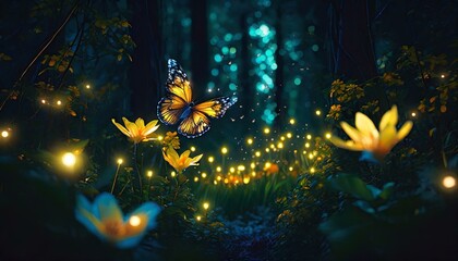 Wall Mural - fairy forest at night fantasy glowing flowers butterfly and lights generate ai