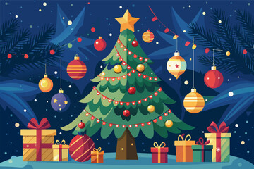 Poster - A festive illustration  decorated Christmas tree adorned with New Year's ornaments and sparkling lights.