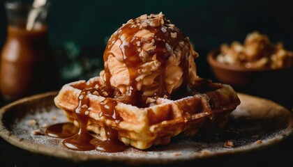 Wall Mural - irresistible waffle delight ice cream caramel drizzle dessert photography ai generated