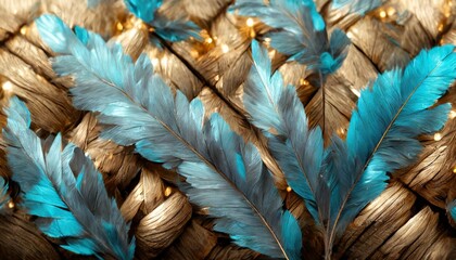 Canvas Print - 3d art wallpaper with blue turquoise gray leaves feathers golden highlights light background accented with wood wicker 3d panels in oak and nut photography seamless texture focus