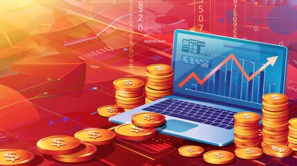 Business-themed background with laptop icons displaying bar diagrams and scattered gold dollar coins, emphasizing the concept of how business ideas and management affect company finances