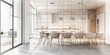 An interior design drawing of the kitchen and dining area in white, grey tiles with light wood accents, large windows