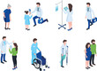 Isometric medical staff providing care support diverse patients. Doctors, nurses, elderly injured characters interacting healthcare settings. Pregnant couple, wheelchair assistance, IV drip stand