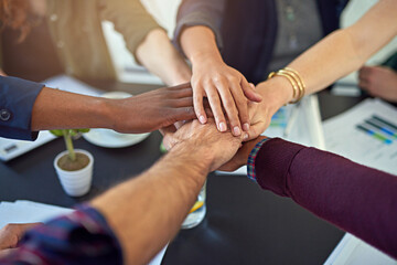 Poster - group, meeting or business people with hands in stack for mission goal, collaboration or teamwork. c