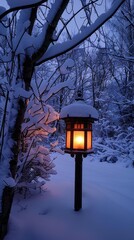 Wall Mural - Warm light from a lantern in a snowy winter landscape at dusk