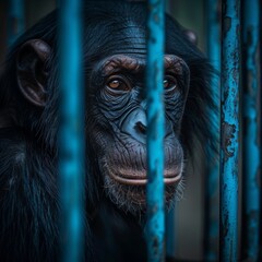 Sticker - Chimpanzee behind bars looking contemplative