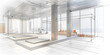 An interior design drawing of the gym area in white, grey tiles with light wood accents, large windows, modern style.