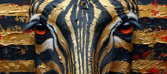 Featured in a modern painting is a golden zebra with a metal style and abstract patterns. This is an artist's animal painting decoration, as well as an indoor oil painting.