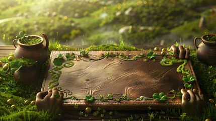 Wall Mural - A leather board with St. Patricks Day ornaments and leprechaun hands gripping it. against the landscape of green hills and shining pots of gold on a lucky St. Patricks Day. 