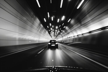 Wall Mural - A black and white photo of a car driving through a tunnel, with a fast shutter speed creating motion blur