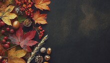 Colorful Autumn Leaves Nuts And Grasses Corner Border Over A Rustic Dark Banner Background Above View With Copy Space