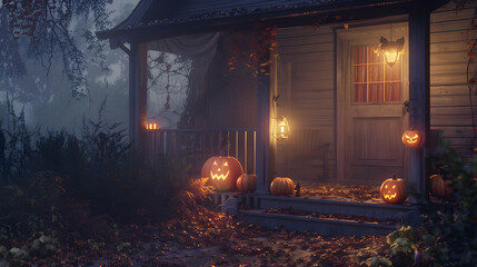 Wall Mural - A misty Halloween night with lanterns and pumpkins adorning the front porch of a house. casting eerie shadows and creating a chilling atmosphere. 