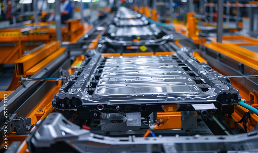 The photo shows an automated assembly line where battery cells for ...