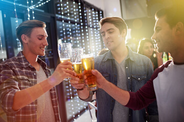 Poster - Men, beers and cheers with friends drinking at social event, restaurant or party with happiness. People, alcohol and glasses to toast at pub for happy hour, conversation or celebration together