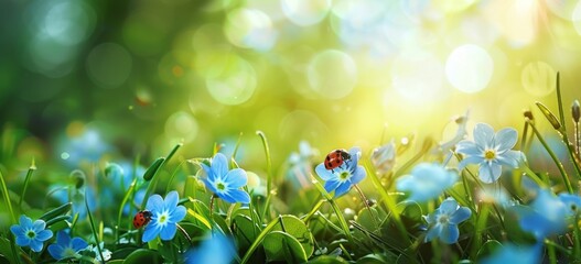 Beautiful spring background with blue forgetmenot flowers and ladybugs on blurred green grass, sunshine and bokeh effect, banner design, copy space concept Generative AI