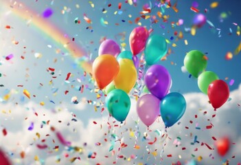 Canvas Print - 'image festive balloons rainbow clouds confetti celebration birthday perfect Joyful vibrant soaring anniversary colorful occasions. wedding greeting festival balloon ba'