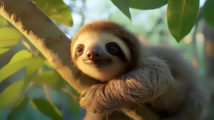 Wall Mural - Cute sloth hanging on the tree and looking at camera.