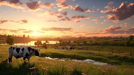 Wall Mural - Cows grazing in a meadow at sunset - 3D render