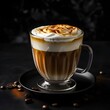A deliciously layered cappuccino with a generous topping of whipped cream and a dusting of cinnamon, accompanied by whole coffee beans and cinnamon sticks.
