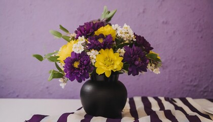 Wall Mural - a black vase filled with lots of purple and yellow flowers on top of a purple and purple table cloth next to a purple and white wall with a purple background