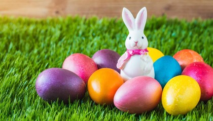 Wall Mural - vibrant easter eggs and bunny on emerald lawn