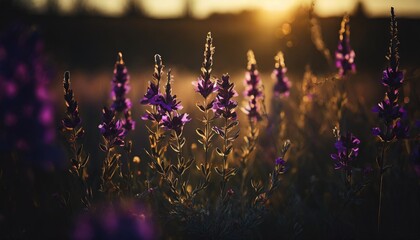 Poster - magical purple wildflowers in a field at sunset