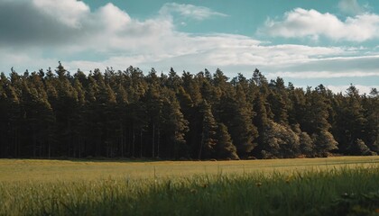 Sticker - view of a coniferous forest behind a green field